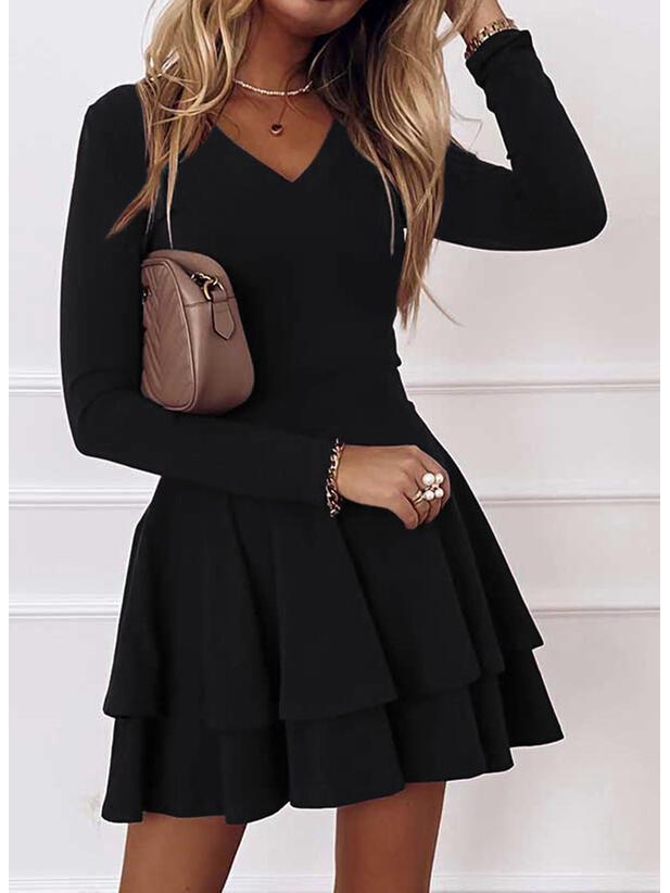 Women's Mid-Waist Solid Color Princess Pullover Dress with Spliced Hem