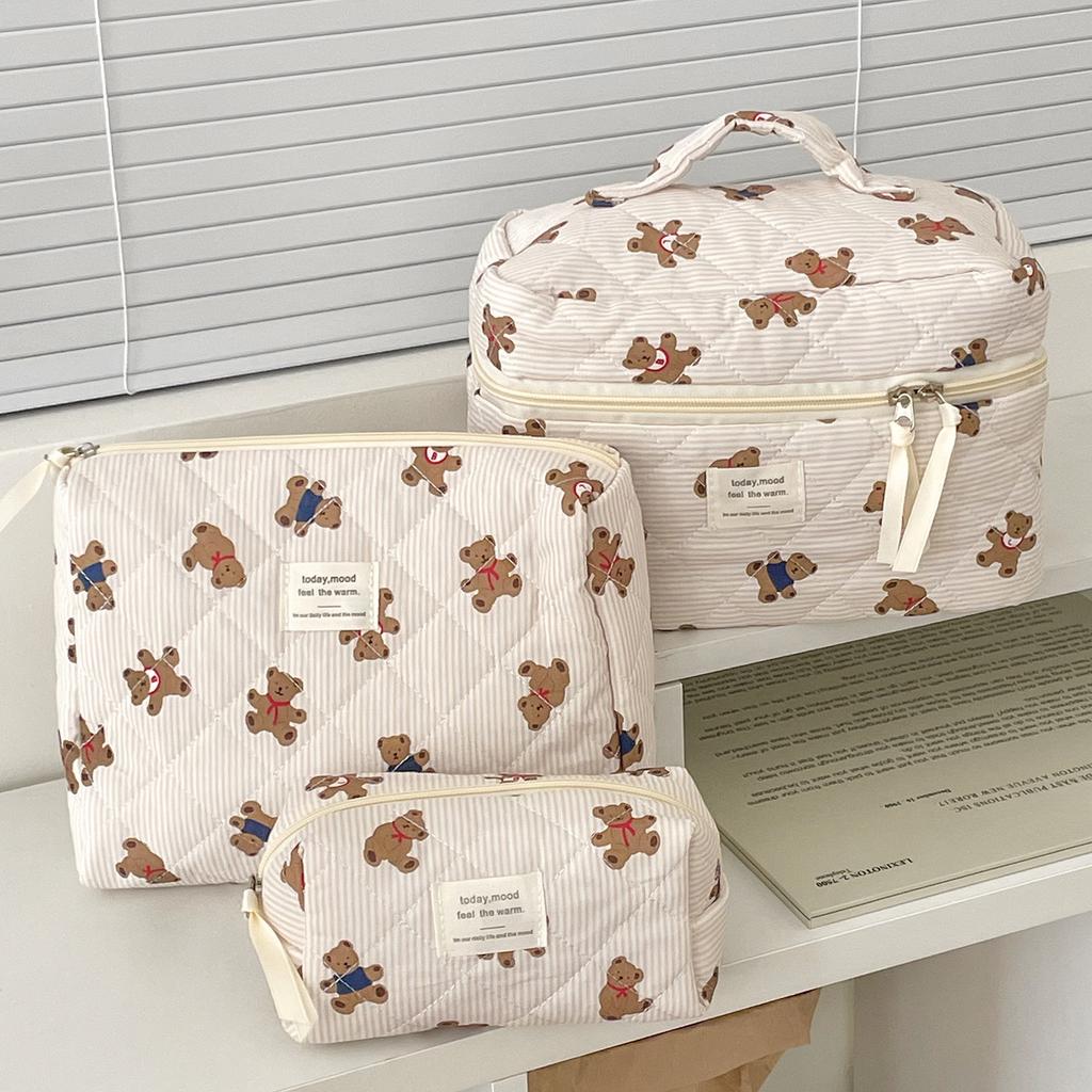 Pink Beige Bear Pattern Women Cosmetic Bag Cute Zipper Makeup Travel Organizer Female Handbag Toiletry Pouch for Girls