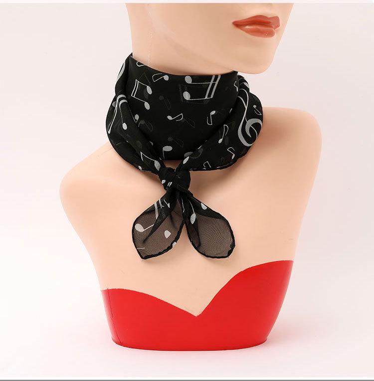 Wczesnowiosenny damski szal szyfonowy: Dynamiczne nuty, 4 kolory, kwadrat 70 cm, jedwabna apaszka na szyję z nadrukiem