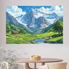 2D plane, 1 piece of mountain scenery background fabric, depicting snow-covered mountains, green valleys, and rural cottages