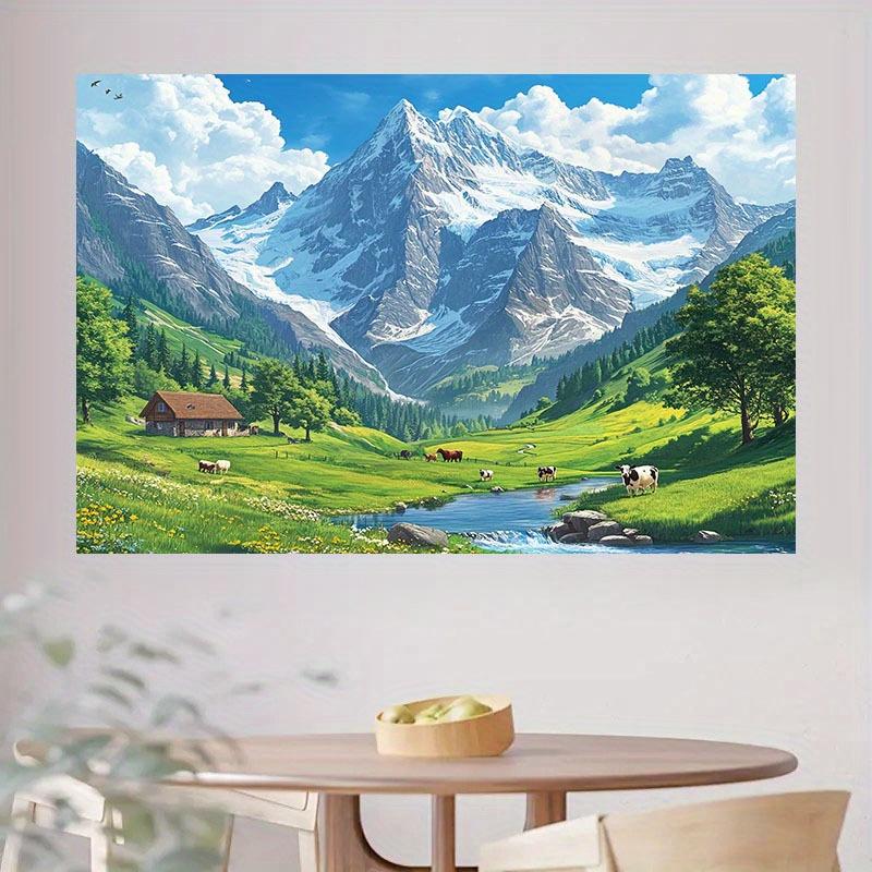 2D plane, 1 piece of mountain scenery background fabric, depicting snow-covered mountains, green valleys, and rural cottages