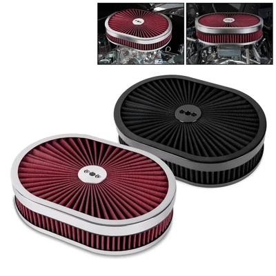 Hoher Durchfluss Chrom 12"x2" Ovaler Luftfilter-Gehäusebausatz 5-1/8" Vergaserhals mit Durchflussdeckel für GMC Chevy Ford Chrysler Dodge
