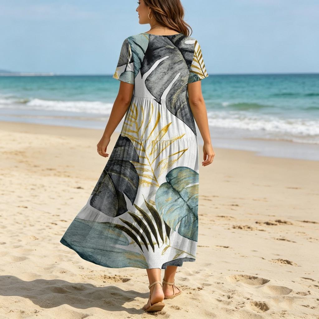 Robe longue à fleurs style bohémien pour femmes, décontractée, ample, manches courtes, longue, Maxi, robe de plage, été