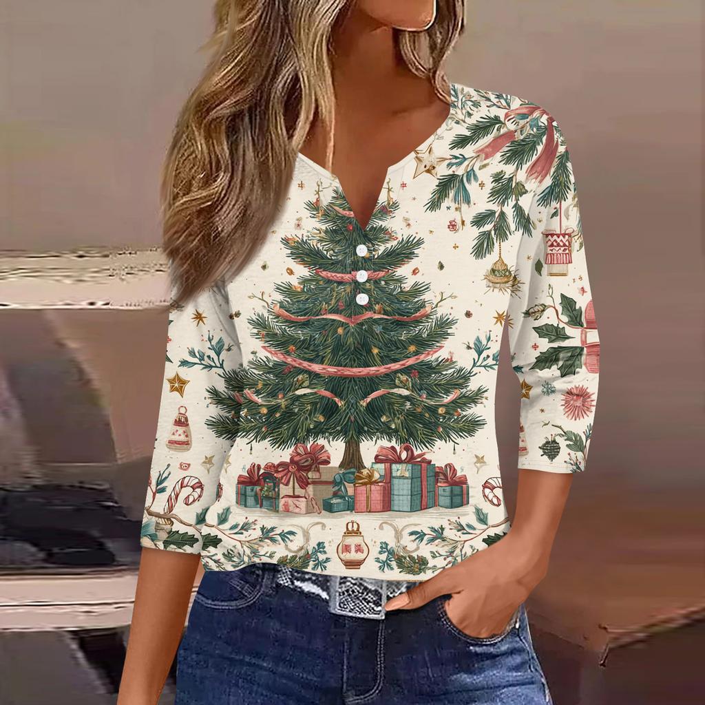 Women's Fashion Casual Christmas Print V-Neck Short Sleeve Decorative Button Three-quarter Sleeve T-shirt Top