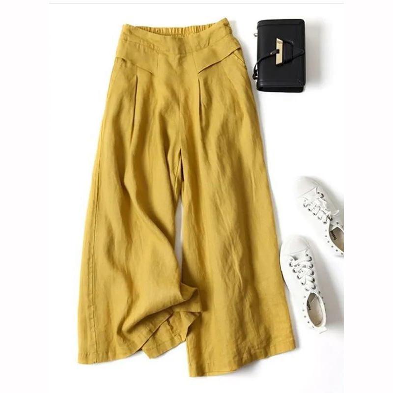 

Летние брюки женские хлопковые льняные брюки большого размера с широкими штанинами женские повседневные свободные брюки с эластичной талией XS жёлтый