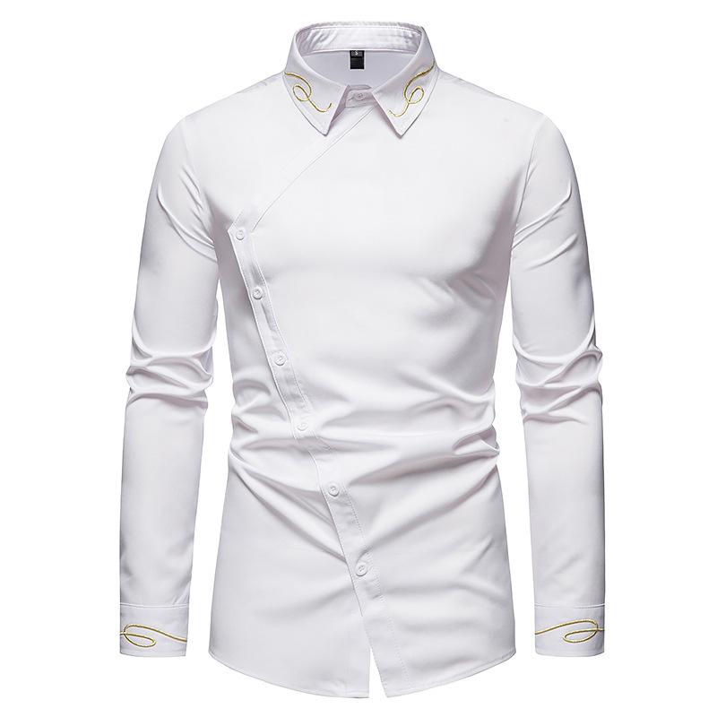 Men S Slim Fit Long Sleeve Asymmetric Embroidered Shirt European Size Spring Autumn