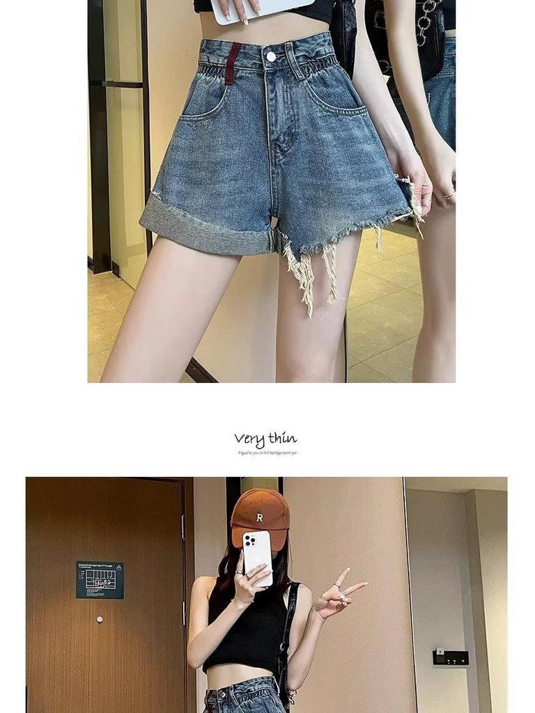 2025 Women's Black High-Waist A-Line Denim Shorts - Sexy, Slimming, Loose Fit, Wide Leg
