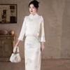 Womens Winter Warm Thickened Cheongsam-Style Long Sleeve Top Vest Set Retro Velvet Fleece Lined