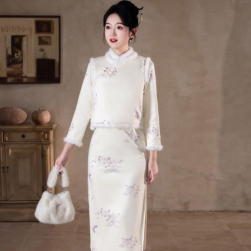 Womens Winter Warm Thickened Cheongsam-Style Long Sleeve Top Vest Set Retro Velvet Fleece Lined