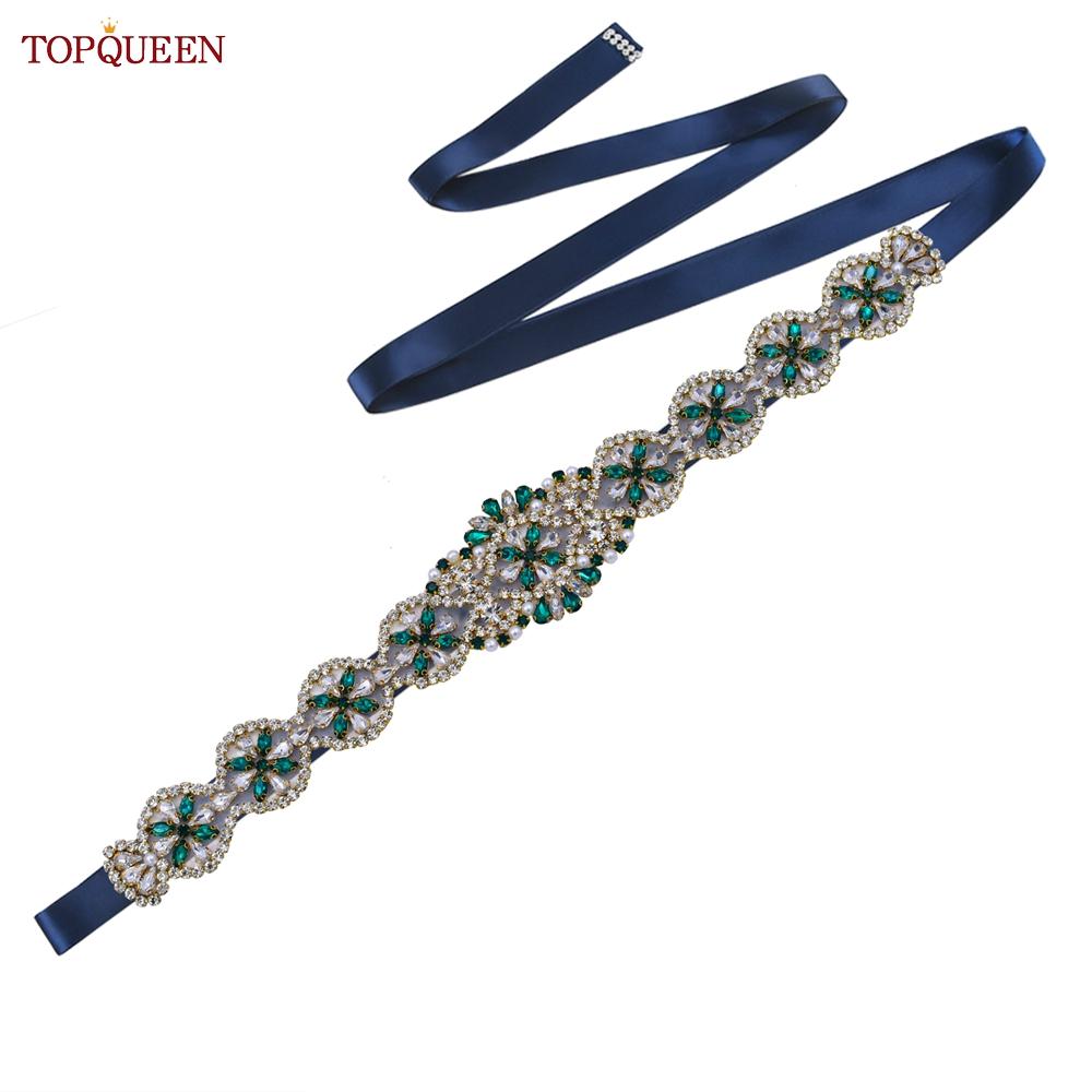 TOPQUEEN S161-KL Neuer Brautgürtel für Hochzeitskleider für Frauen in Gold, handgefertigt, Luxus-Schärpe, Zubehör für das tägliche Partykleid, grüner Strass