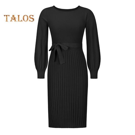 

Осеннее женское платье, трикотажное, с круглым вырезом, длинными рукавами, облегающее, со шнуровкой, с узкой талией, длиной до середины икры, эластичное, однотонное, миди-платье-свитер S чёрный