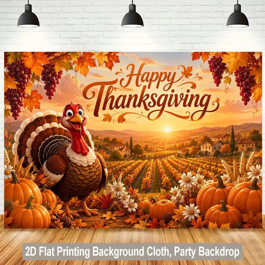 piece of 2D flat background fabric Thanksgiving pumpkin turkey beautiful manor scenery background bannerPMJ