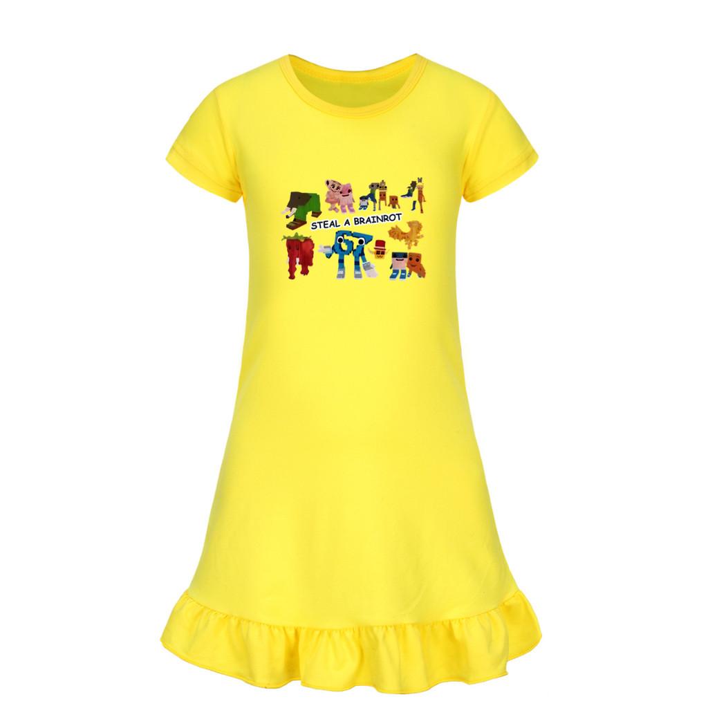 5214 Kids Girls Steal a Brainrot 67 Six Seven Printed Ruffle Short Sleeves Casual Dress