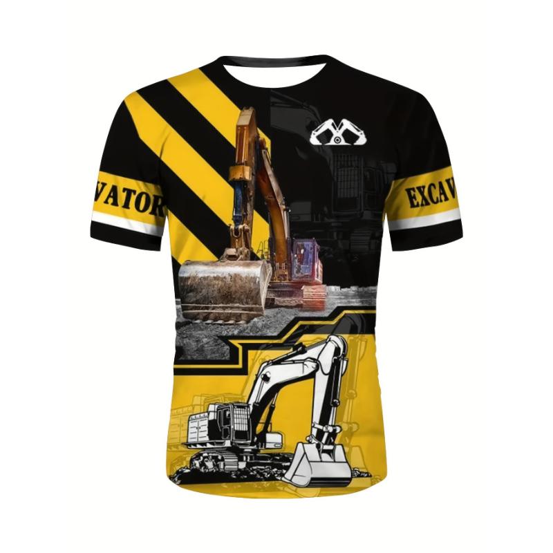 Summer Fashion Excavator Pattern Printed Men's T-shirt Short sleeved Daily Outdoor Leisure Round Neck Short Sleeve