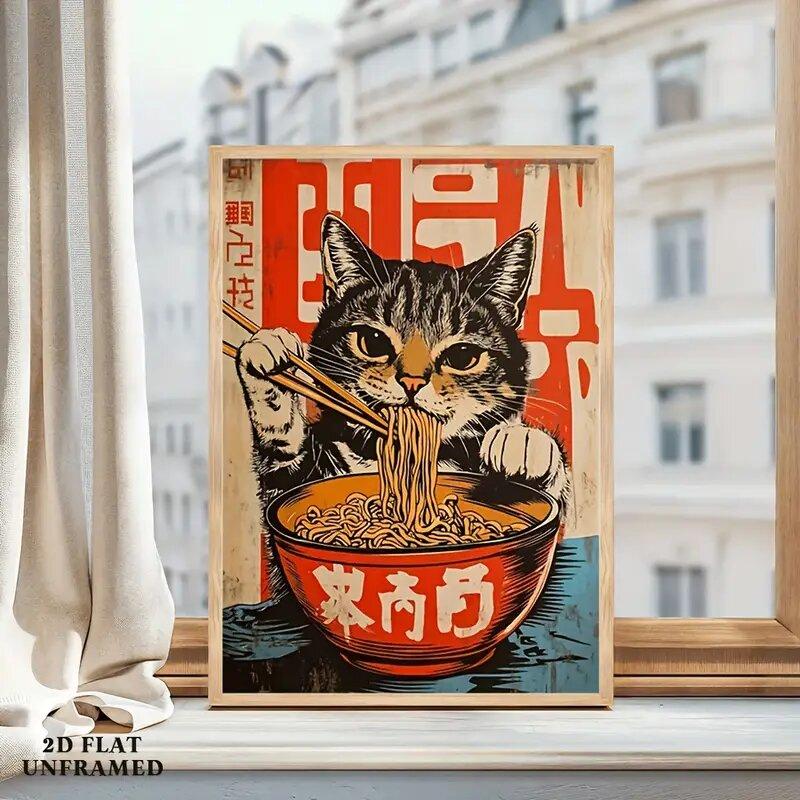 

Japanese Cat Eating Noodles Polyester Painting Wall Home Decoration Suitable Office Perfect Gift Curtain Made Of Washable Ready W100*H70(CM)-Rod Pocket&1PCS
