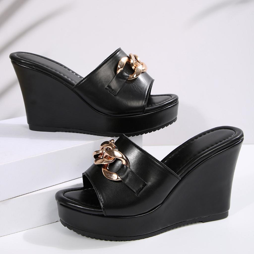 Large size one-word women's shoes summer slope heels slippers solid color high heels women's shoes
