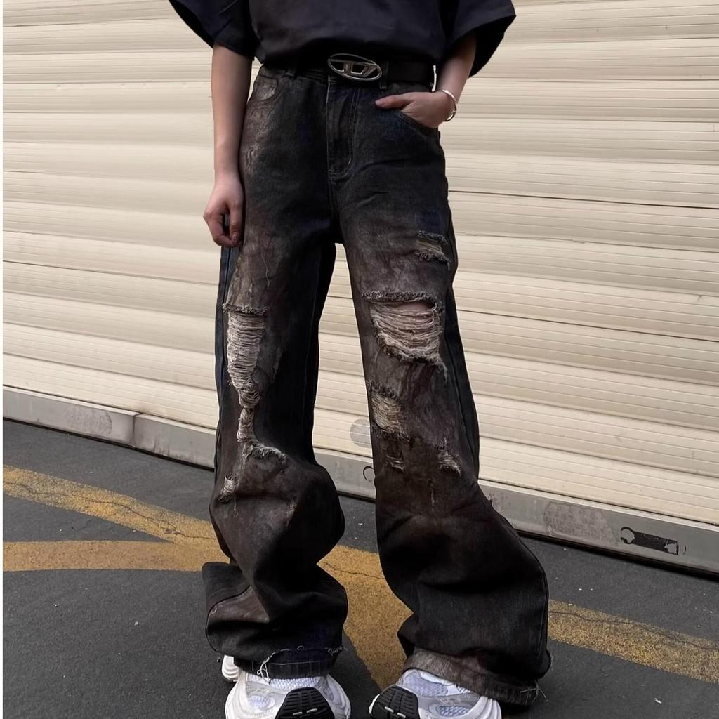 Men's Retro Distressed Ripped Jeans - Loose Straight Fit, Washed Wide-Leg Trousers