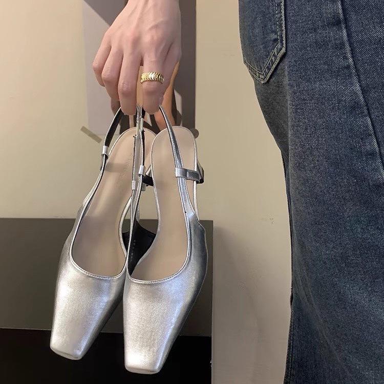 French Silver Temperament Bag Head Sandals Fairy Shoes 2024 New Summer Black Square Head High Heels Single Shoes