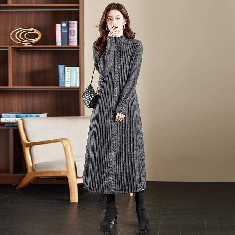 Large Size Thickened Primer Dress Women's Autumn and Winter New with Coat Loose Knitted Long Knee Long Dress Tide