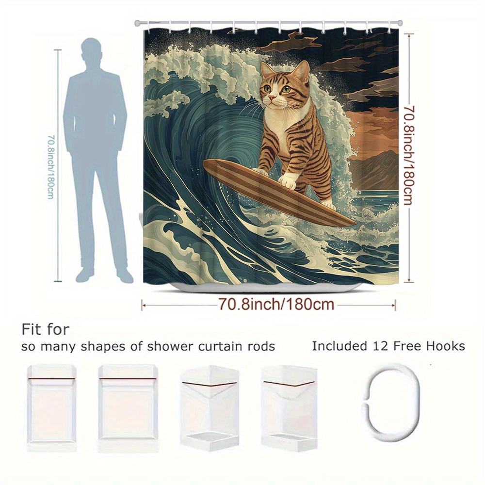 1Pc Cat Surfboard Shower Curtain - Retro Fun Cartoon Animal Print With 12 Hooks, Washable Polyester Bathroom Decor