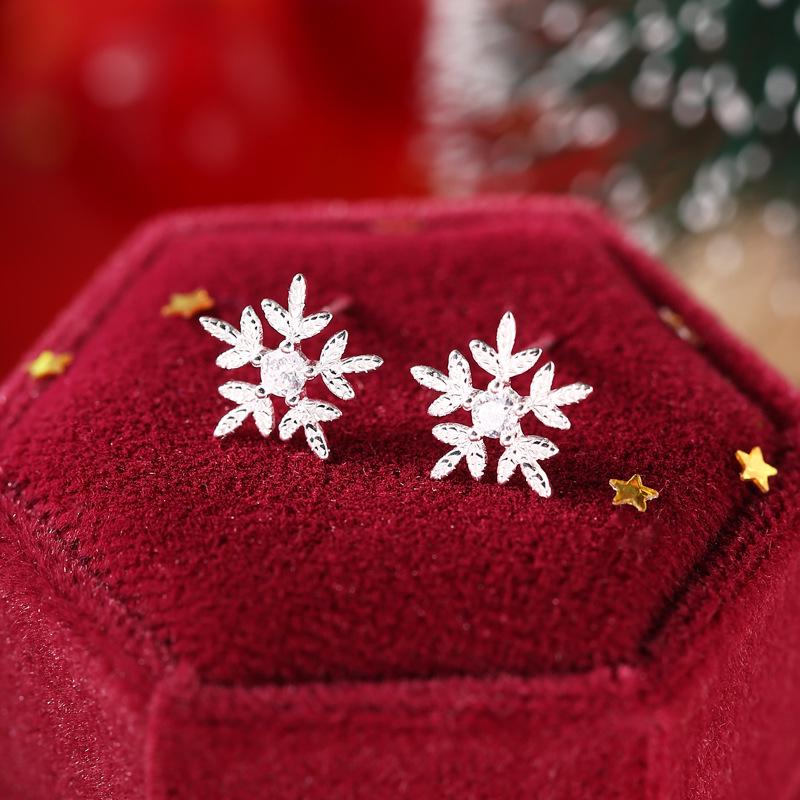 Schneeflocke S925 Sterlingsilber Halskette & Ohrstecker Set - Exquisite Herbst/Winter Weihnachtsgeschenk Accessoires.