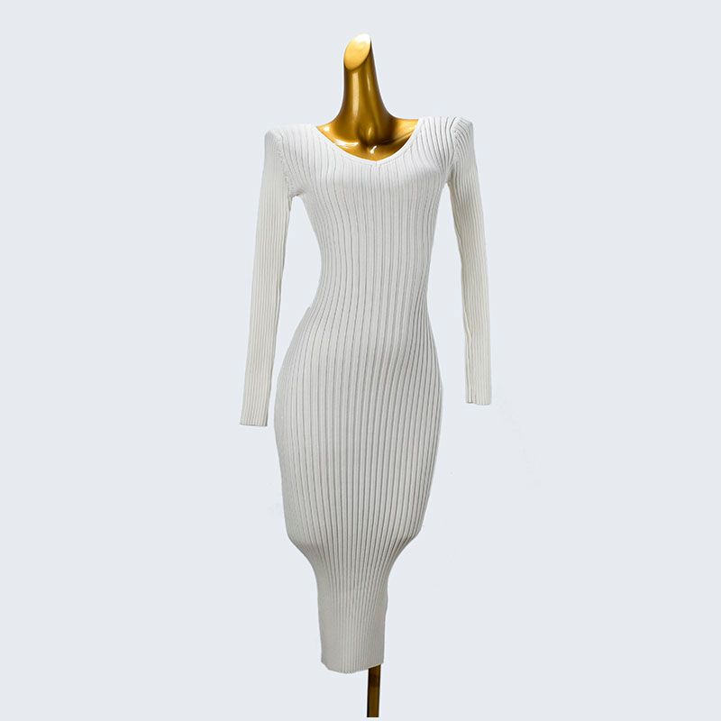 

Spring and Autumn Long Sleeves Pairs V Neck Knitting Wool Sunken Stripe Pure Color Pullover Mid Length Long Length Sheath One-Step Bottoming Dress White All yards