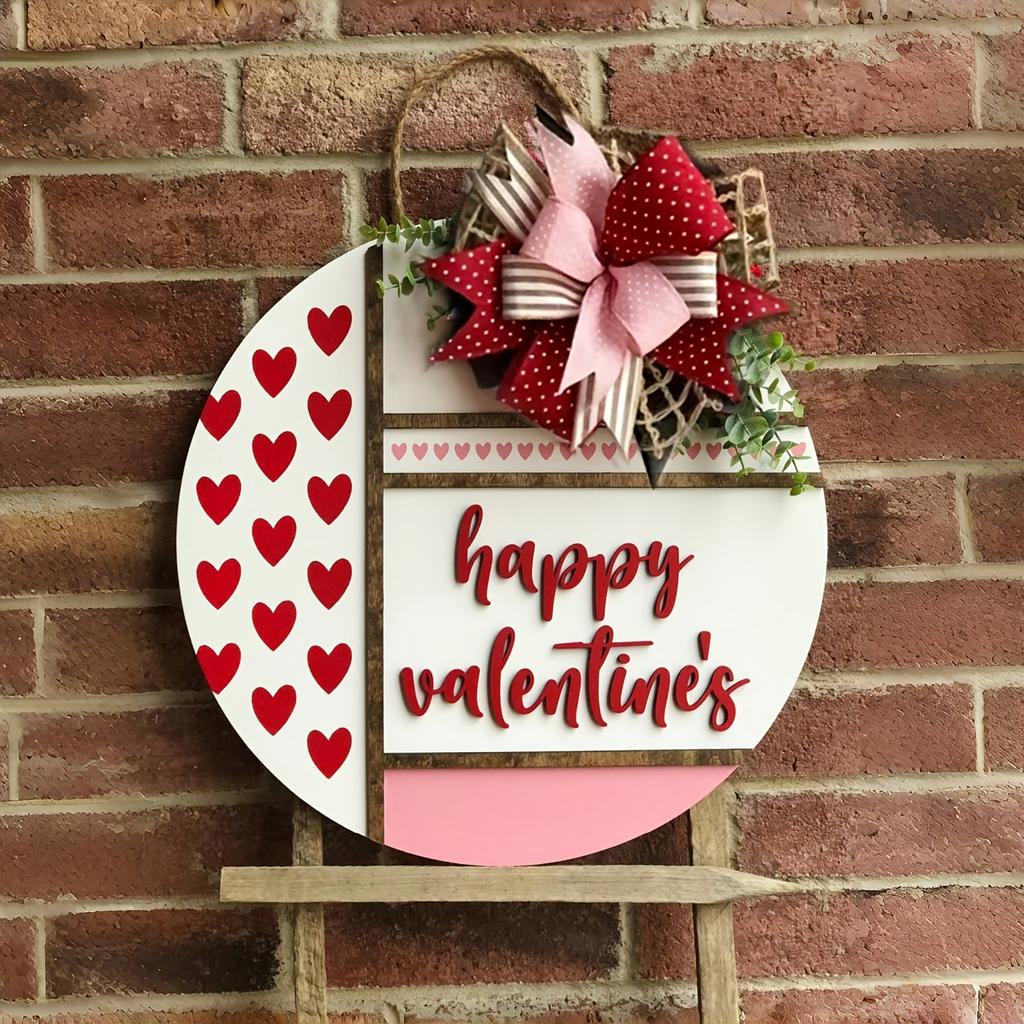 Charming 2D Valentine's Day Door Hanger - Round Wooden Wreath for Front Door, Perfect for Weddings & Engagements, Love-Themed Home Decor