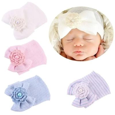 Newborn Baby Hat Toddler Baby Warm Hats Cotton Striped Caps Soft Hospital Pink White Boys Girls Bow Beanies for New Born 0-6M