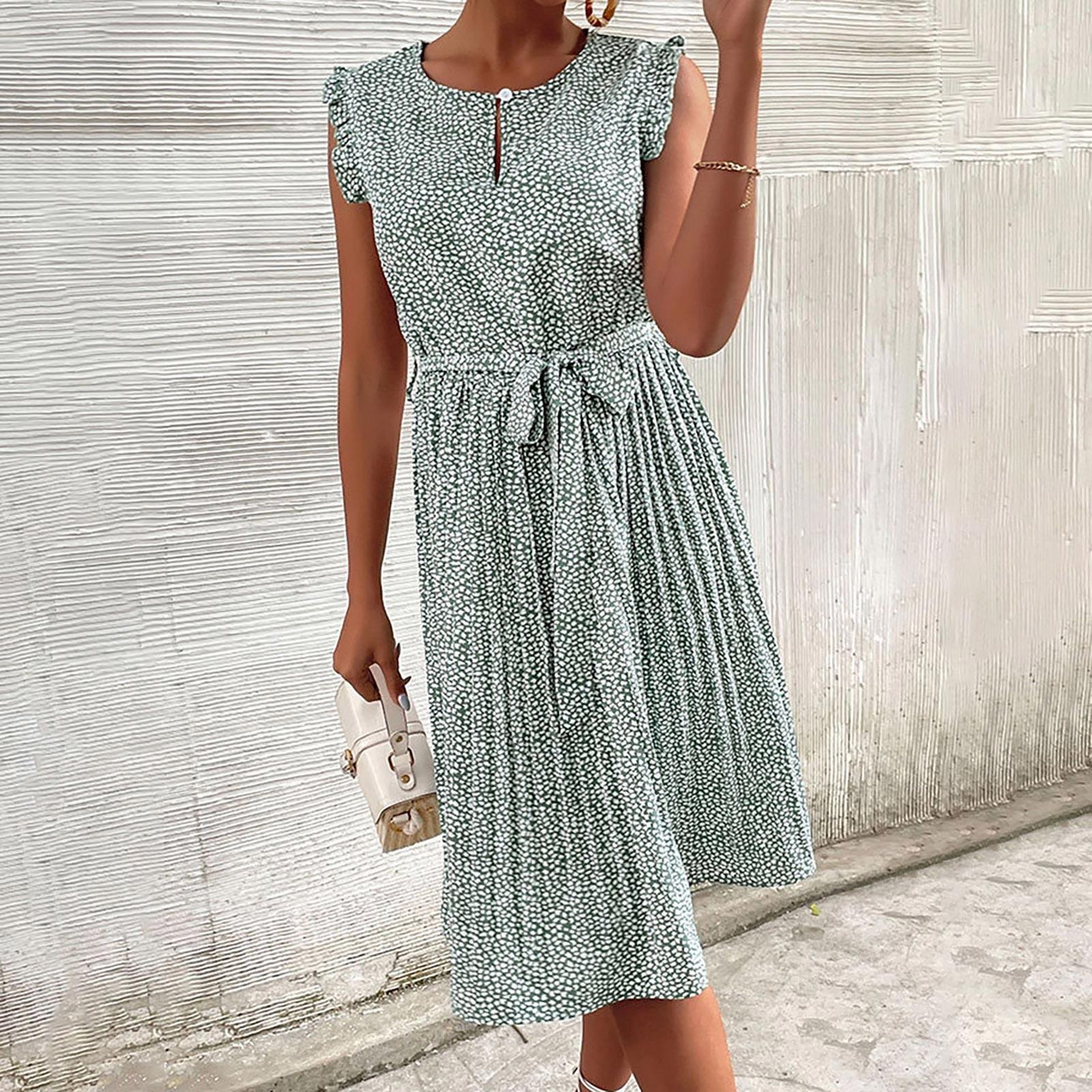 

Женское повседневное плиссированное платье без рукавов с круглым вырезом и высокой талией L темно-зеленого