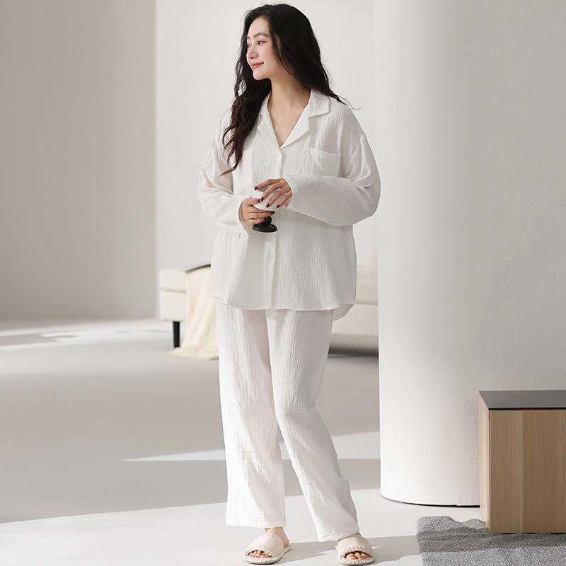 Baby cotton double-layer gauze pure cotton pajamas women's spring and autumn long-sleeved 1011 new thin models can be worn outside white loungewear