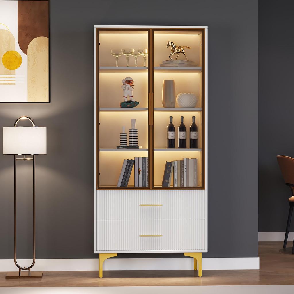Glass Display Cabinet LED Lights, White 2 Doors & 2 Drawer, Modern Bookcase Adjustable Shelves, Metal Legs, Living Room Office Dining Room
