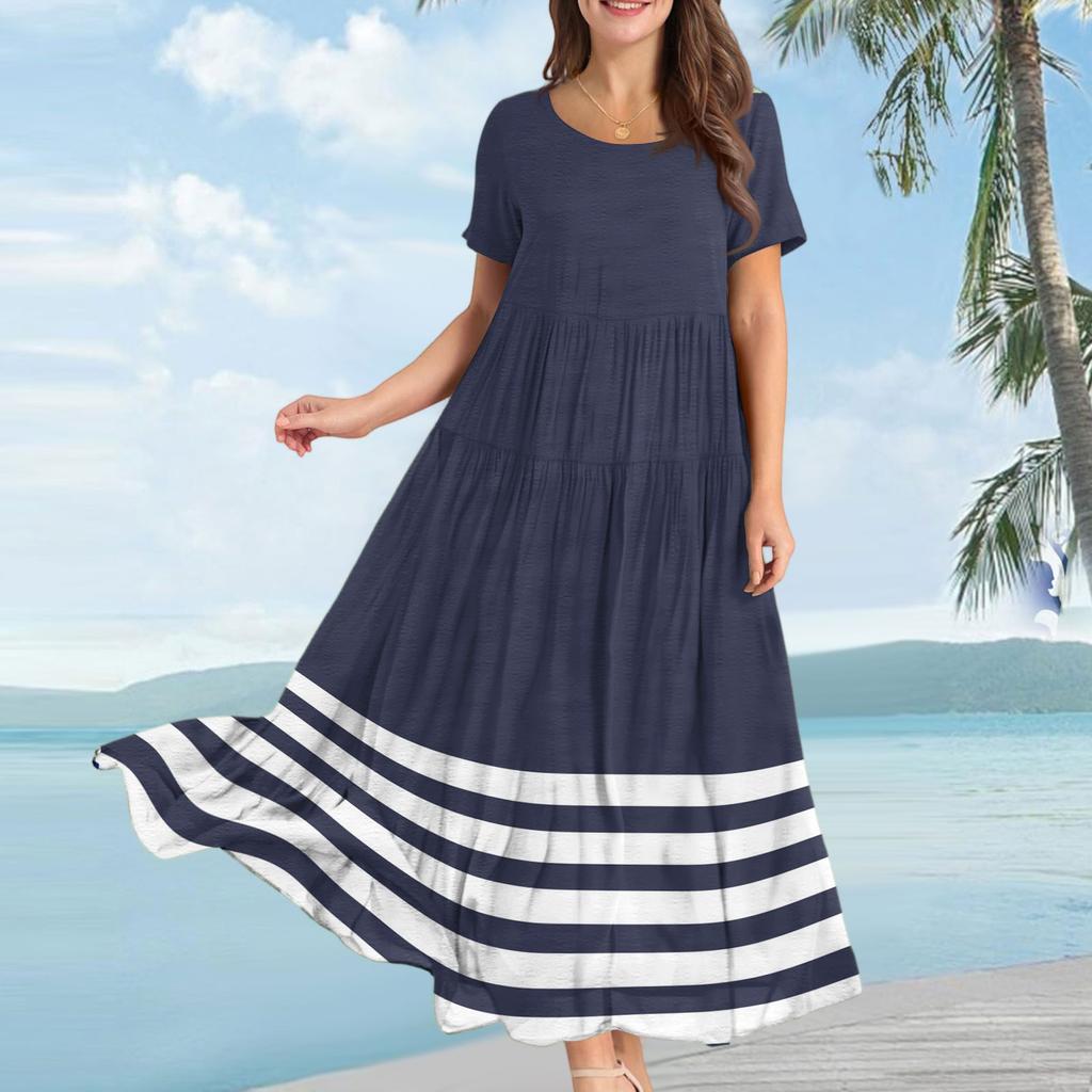 Women's Casual Loose Bohemian Striped Printed Short Sleeve Dress