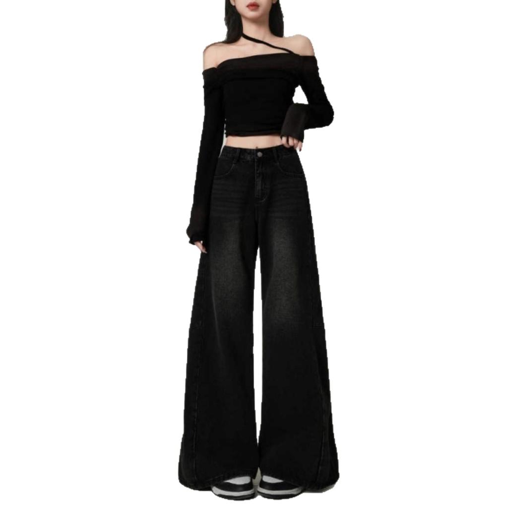 Women's Retro High-Waisted Wide-Leg Gray Jeans - 2025 Spring/Autumn Collection