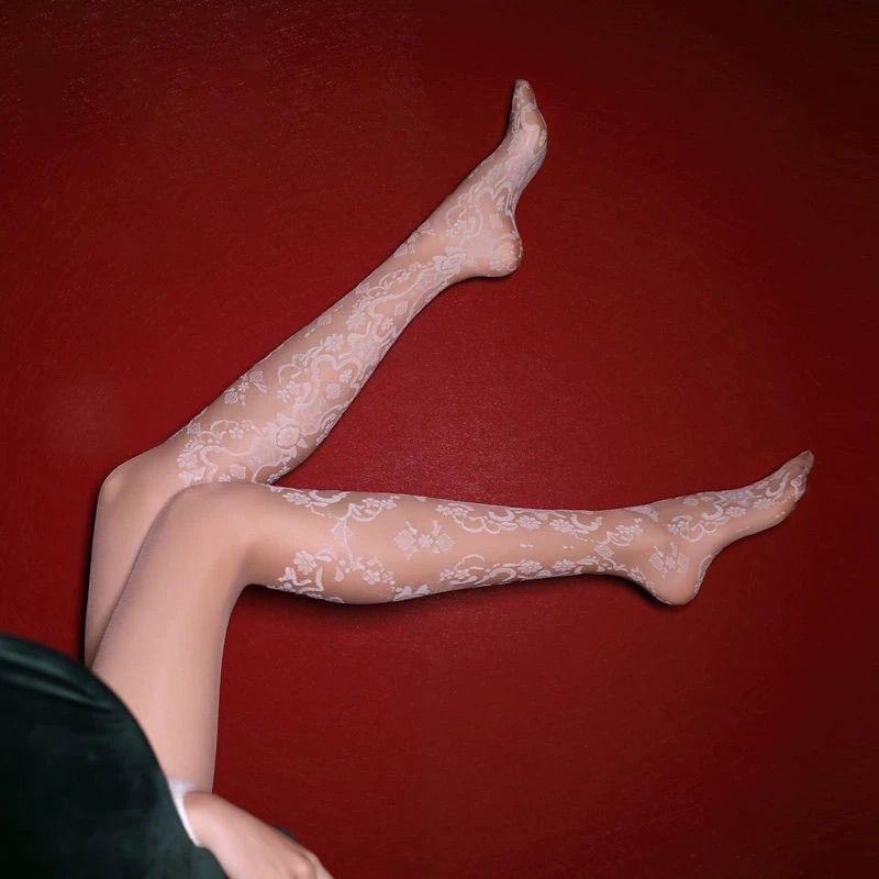Weiße, hauchdünne Seidenstrümpfe mit hohlem Blumenmuster und Spitze, sexy Print, elegante Modestrumpfhose