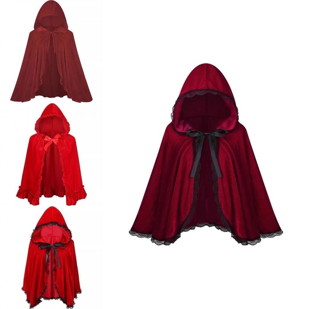 Lussuoso Mantello Corto con Cappuccio e Bordi in Pizzo Rosso Vino per Donna Perfetto per Halloween e Altro