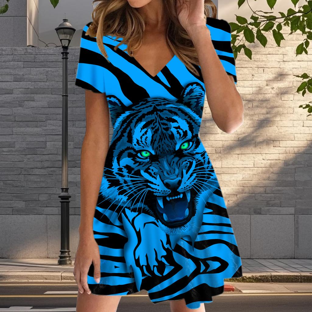 Summer Fashion Women's V Neck Short Sleeve Tiger Printed  Dress Sex Short Skirt Dresses