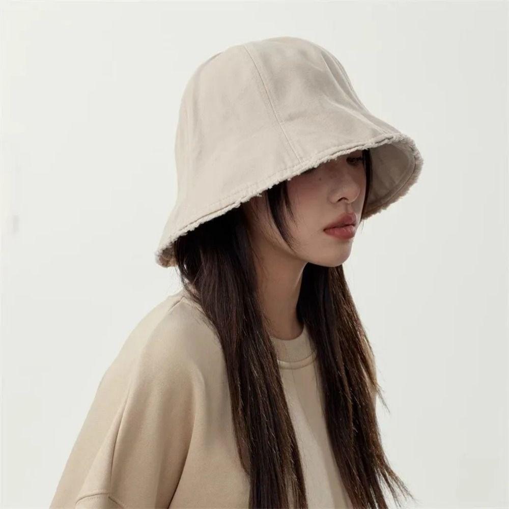 Solid Color Panama Sun Cap Large Brim Outdoor Fisherman Hat Fashionable Cotton Basin Hat  Winter