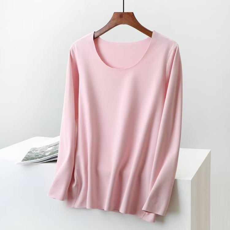 Women's Double-Sided German Velvet Crew Neck Long Sleeve Thermal Top, 2025 Autumn/Winter, Slim Fit, Solid Color