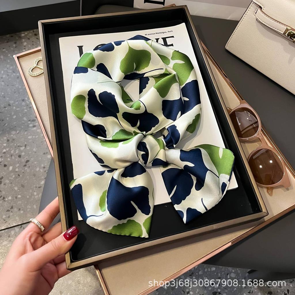 Long Silk Scarf Women's New Small Silk Scarf Printing Simulation Silk Tied Bag Streamer Explosion Sweet Little Scarf