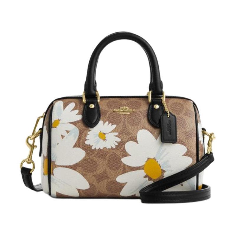 

COACH handbag Rowan 18 Floral Print Detachable Shoulder Strap with Zip Closure Coated Canvas Shoulder Crossbody Bag Small Women s Gold and Tan золотий
