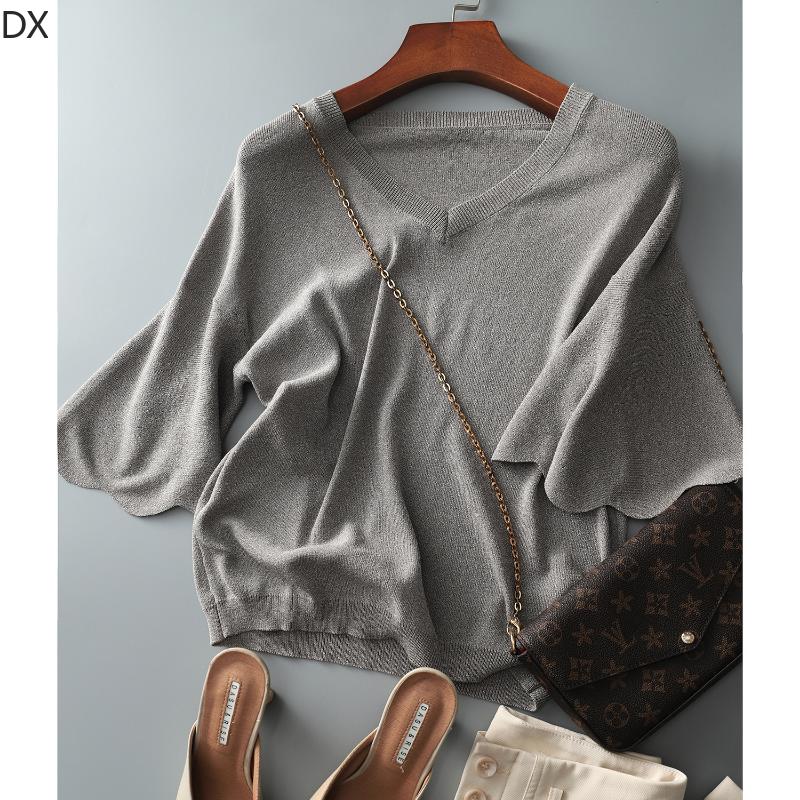 DX-Micro rozšířený okvětní lístek rukáv top s výstřihem do V dámské letní pletené tričko volný krátký rukáv ledový hedvábný svetr tenký dámská košile zahraničního stylu