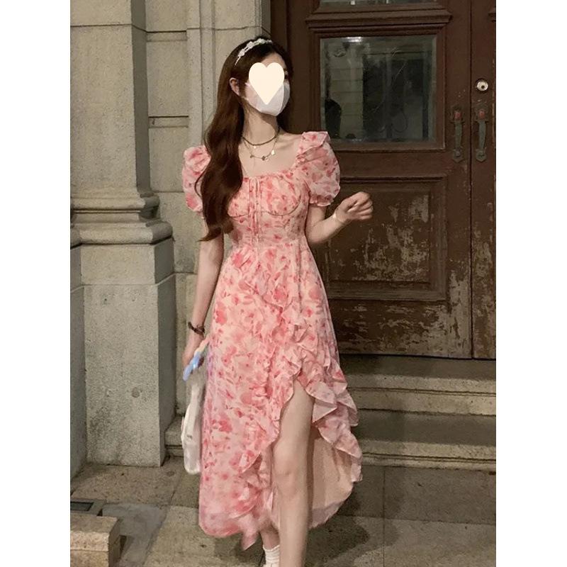 Floral dress women's summer large-size women's clothing, gentle wind, waist and thin, long skirt with split ruffles