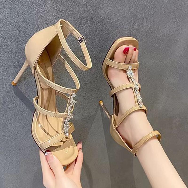 2025 Summer New French Fairy Style Sandals Female Open-toed Rhinestone One-word Buckle Strap Thick Heel Temperament High Heels Female