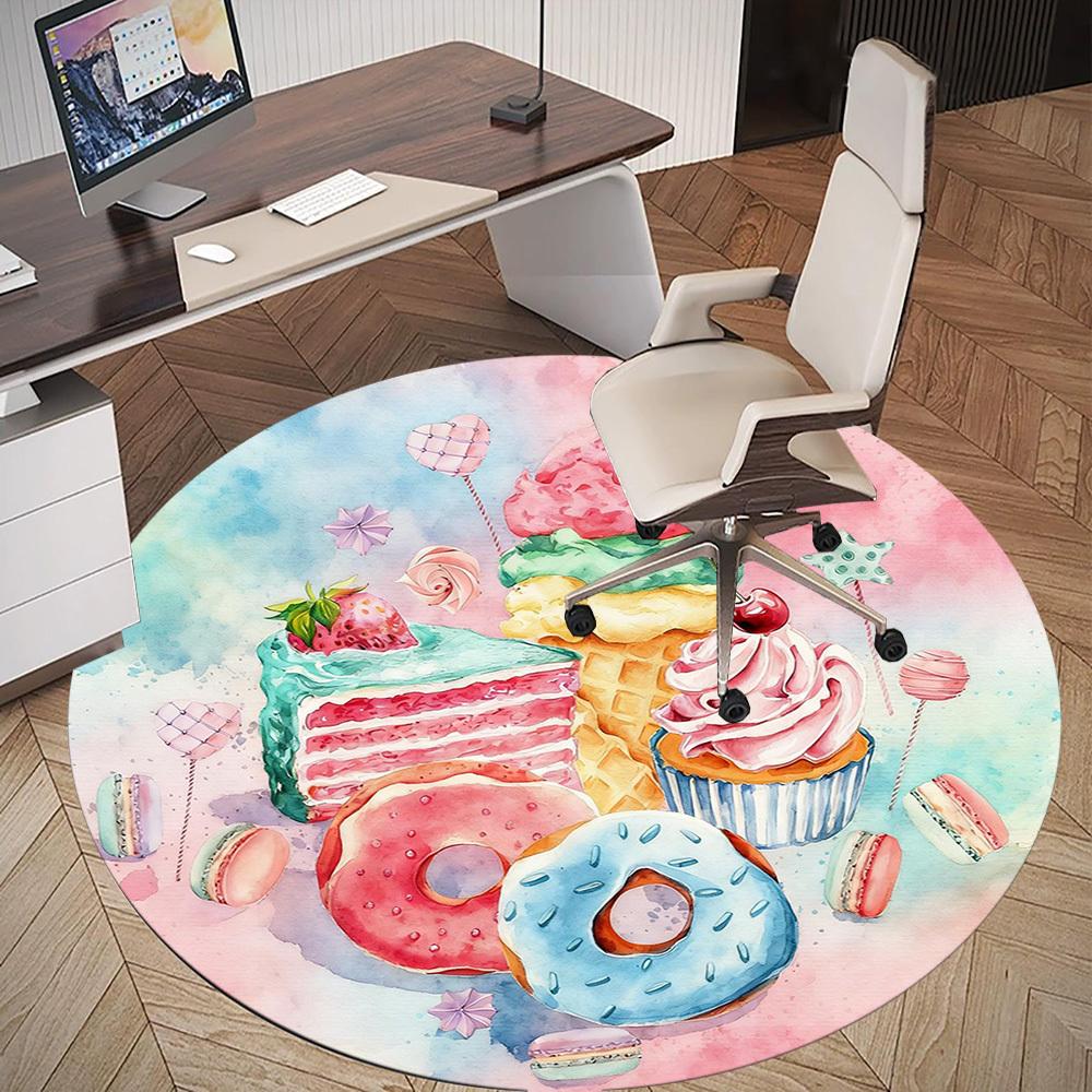 1pc Sweets Desserts Round Chair Mat Office Area Rug - Non-Slip, Floor Mat for Office, Bedroom, and Indoor Decor P127293