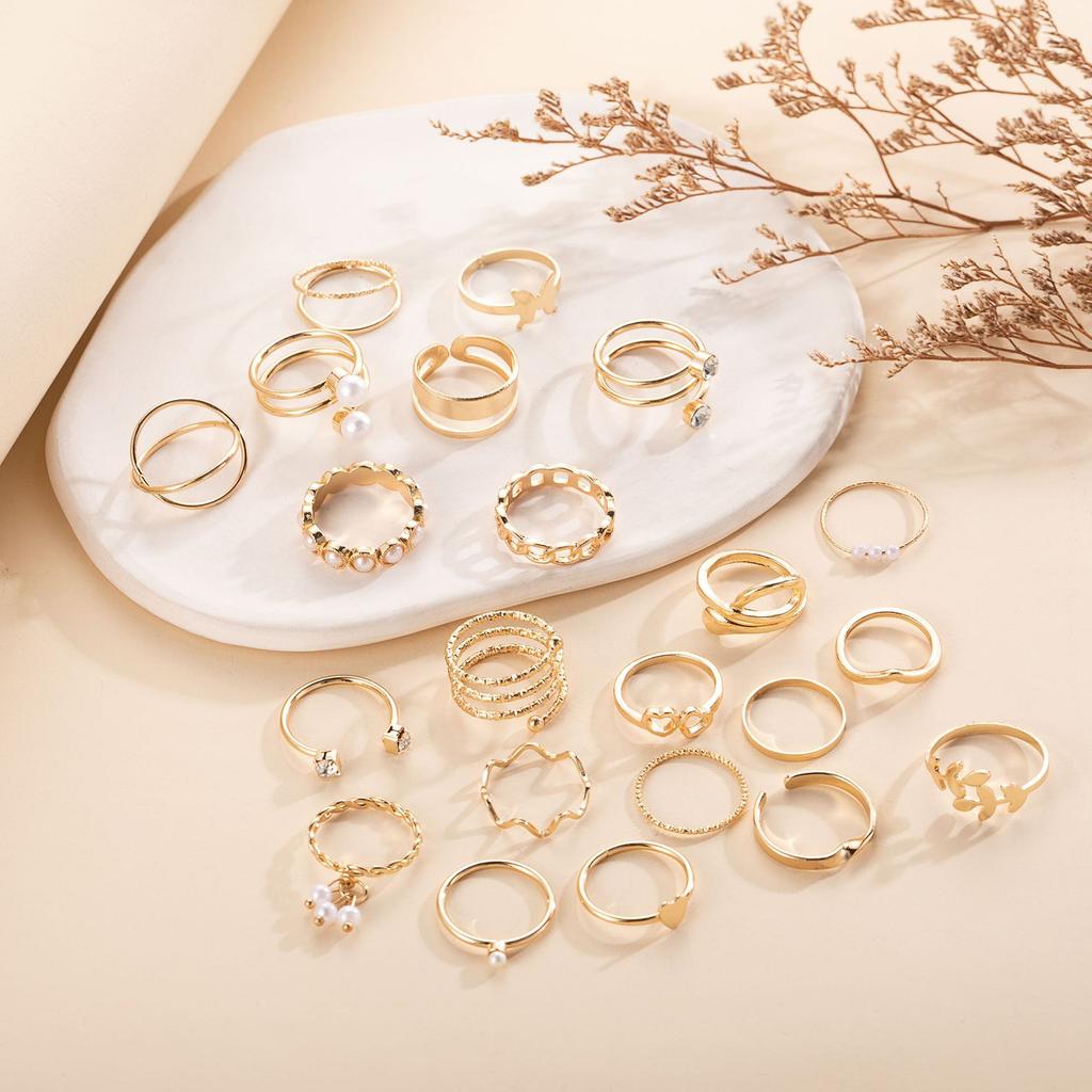 Fashion Gold Pearl Butterfly Love Chain Dot Diamond Multi-Layer Cross 22-Piece Set Ring