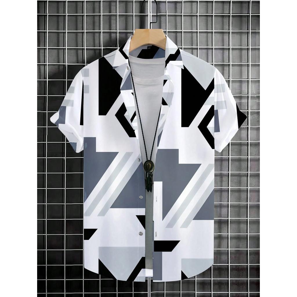 Hawaiian Shirt Lelaki 3D Geometric Print Short Sleeve Retro Floral Fashion Designer S