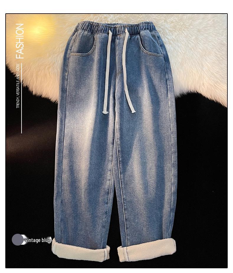 Women's Fleece-lined Straight-Leg Jeans, Petite Wide-Leg, Elastic Waist, Cotton, 2025 New Winter Style, Ideal for Autumn and Winter