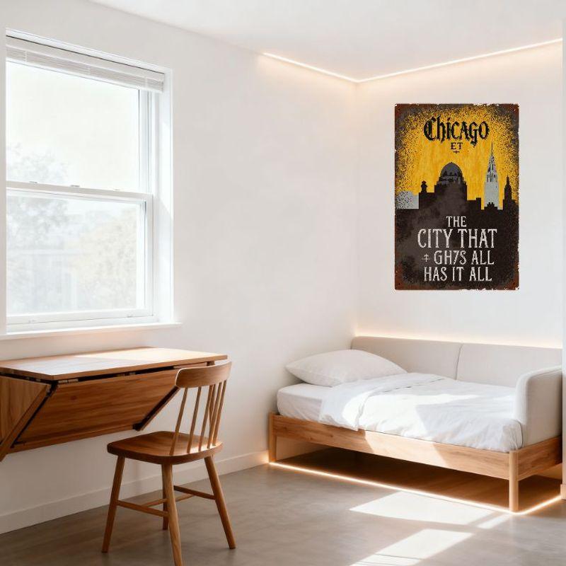 Vintage Chicago Skyline Metal Tin Sign Art Deco Distressed Wall Plaque for Home Bar Cafe Restaurant Decor (THE CITY THAT GH7S AL