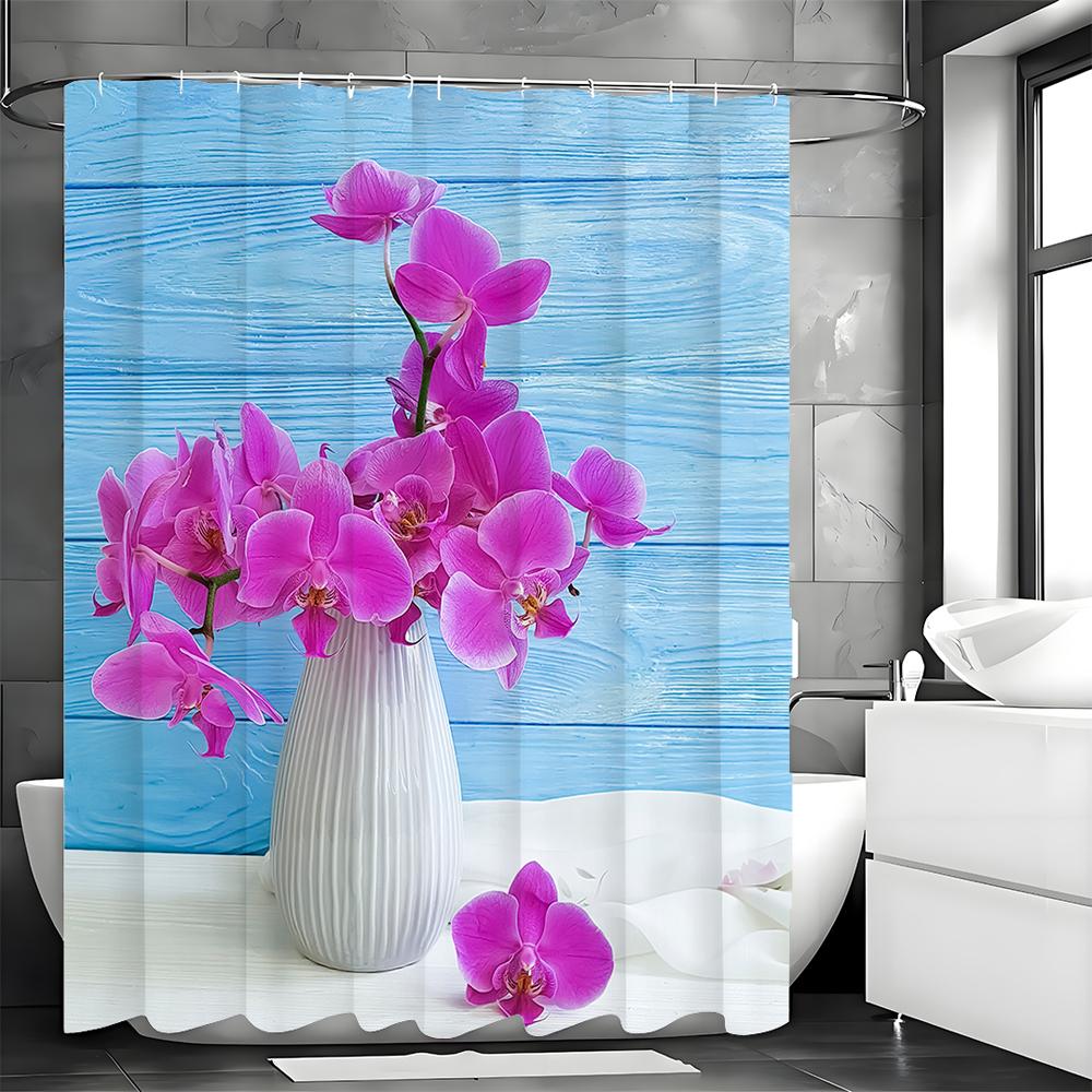 

Butterfly Orchid Vase Wooden Shower Curtain, Bathroom Decorative Shower Curtain, Waterproof Shower Curtain with Hooks 90*180cm