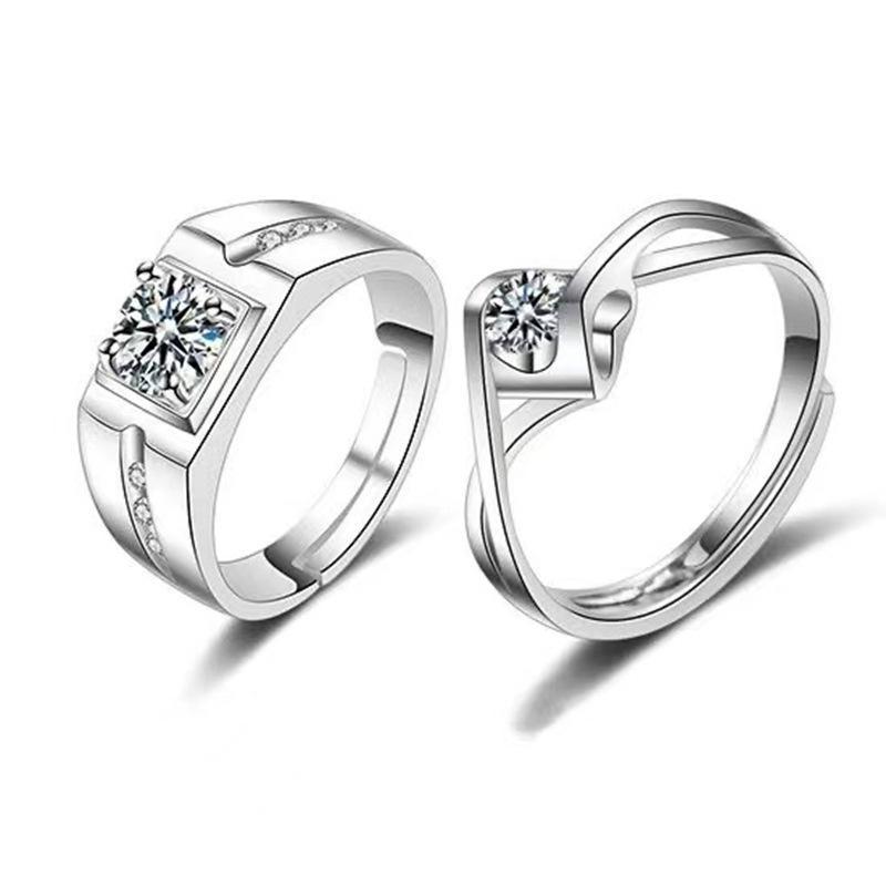 1/2Pcs Couple Rings Square Mens Open Ring Twisted Heart Womens Adjustable Silver Plated Shiny Zircon Rings For Valentines Gift